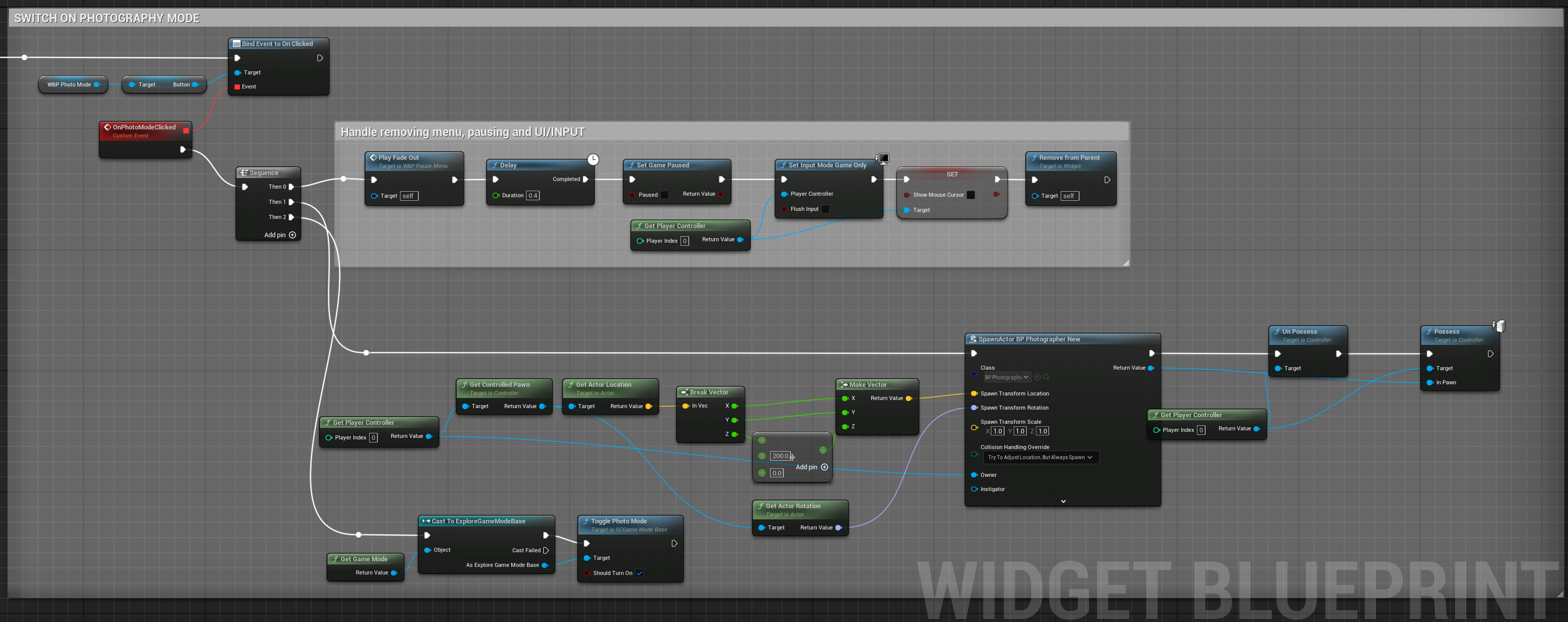 pause menu widget blueprint graph for switching into photo mode