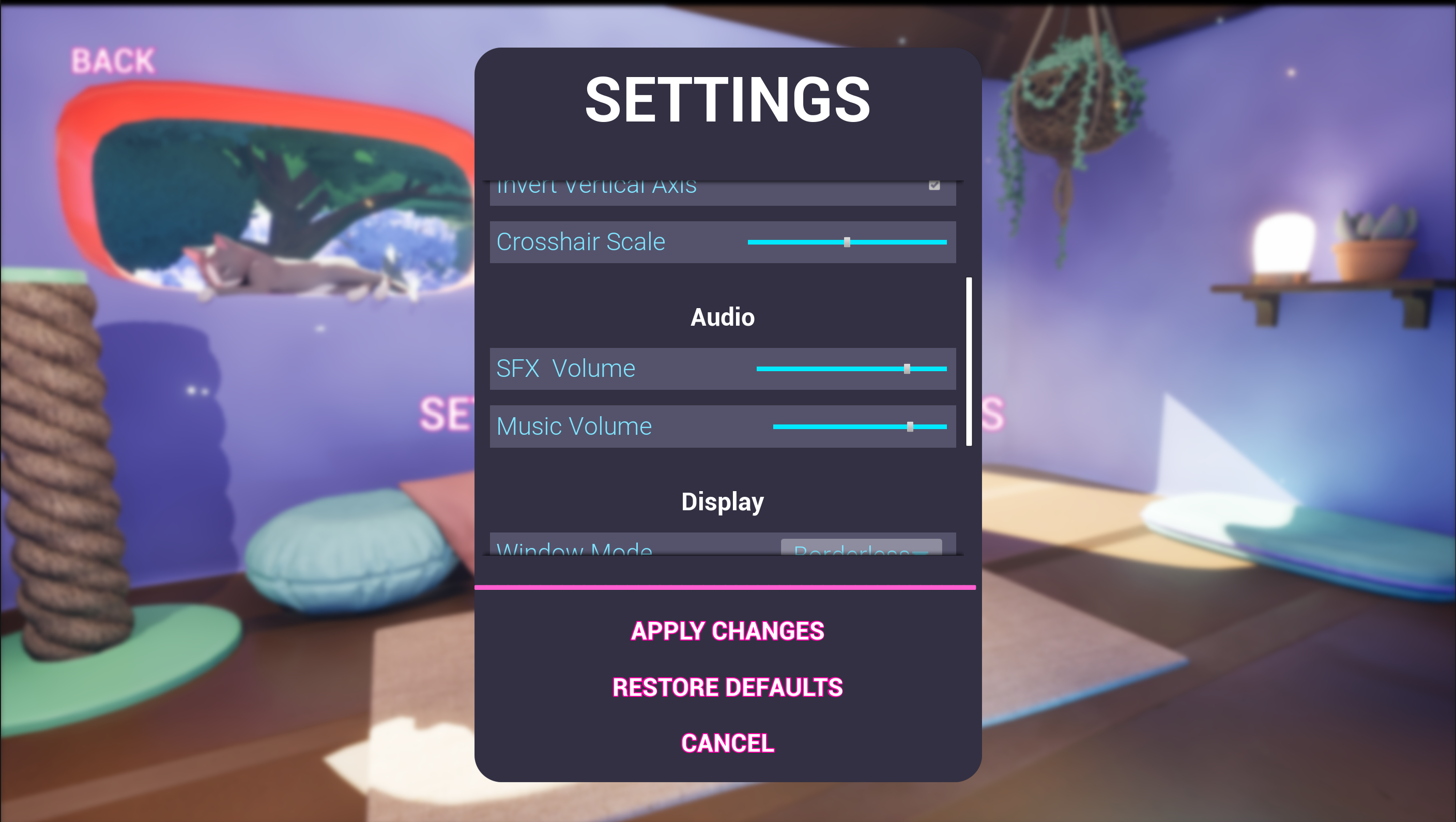 screenshot of settings menu